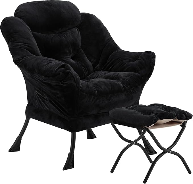 Fabric Lazy Chair with Ottoman, Oversized Upholstered Sofa Chair for Adults, Plush Comfy Lounge Chair with Large Side Storage Pocket, Reading Chair for Living Room, Bedroom, Study Room, Black