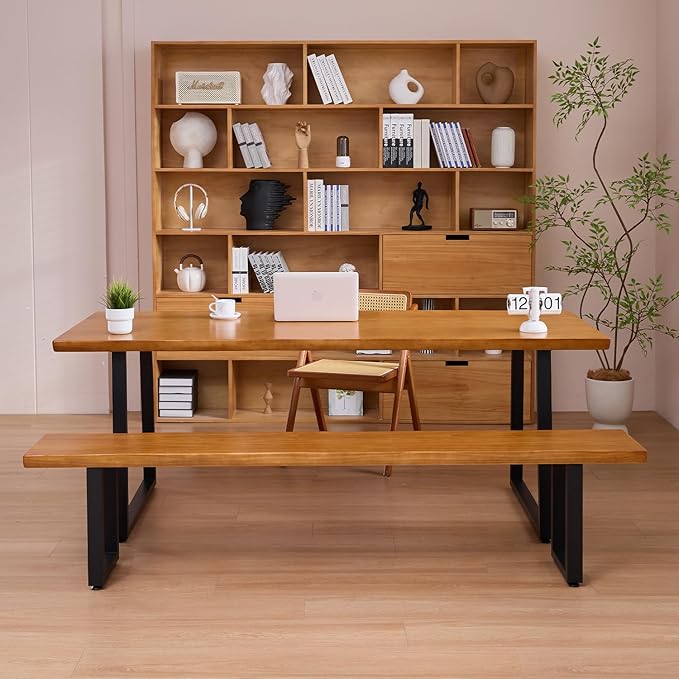 Durable Solid Wood Top Bench with Sturdy Metal Legs – Versatile Dining & Office Seating - Multi-Size Options Ideal for Living Room, Dining Room, and Home Office(Dark yellowbench, 62.99in)