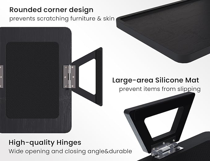 2 Pack Couch Arm Tray,Bamboo Folding Sofa Tray,Sofa Armrest Trays Clip-On Couch Desk for Drinks,Snacks,Phone,Remote Control（Black）