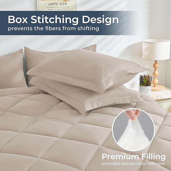 HEVUMYI Khaki Twin Comforter Set - 5-Piece All Season Bed in a Bag Twin, Ultra Soft Bedding Set with Comforter, Flat Sheet, Fitted Sheet, Pillowcases, Pillow Shams