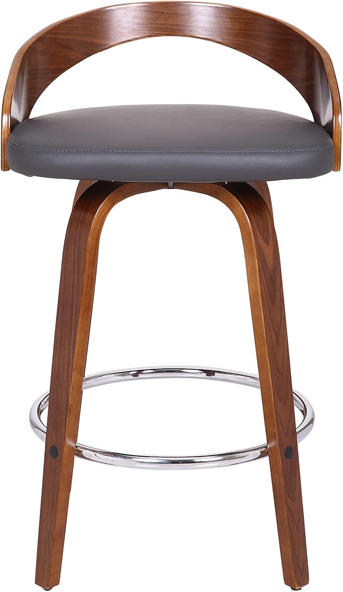 Armen Living Sonia 26" Counter Height Swivel Gray Faux Leather and Walnut Wood Bar Stool - Set of 4