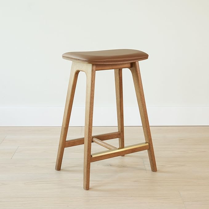 Plank+Beam Beryl Counter Height Stool - Mid-Century Modern Rubberwood Bar Stool with Faux Leather Seat, Metal Footrest, Easy Assembly, 4-Pack, Pecan/Toffee