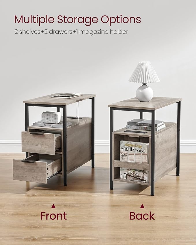 VASAGLE Side Table with Charging Station, Narrow End Table with 2 Drawers, Slim Nightstand and Bedside Table with Storage, for Small Spaces, Greige + Black