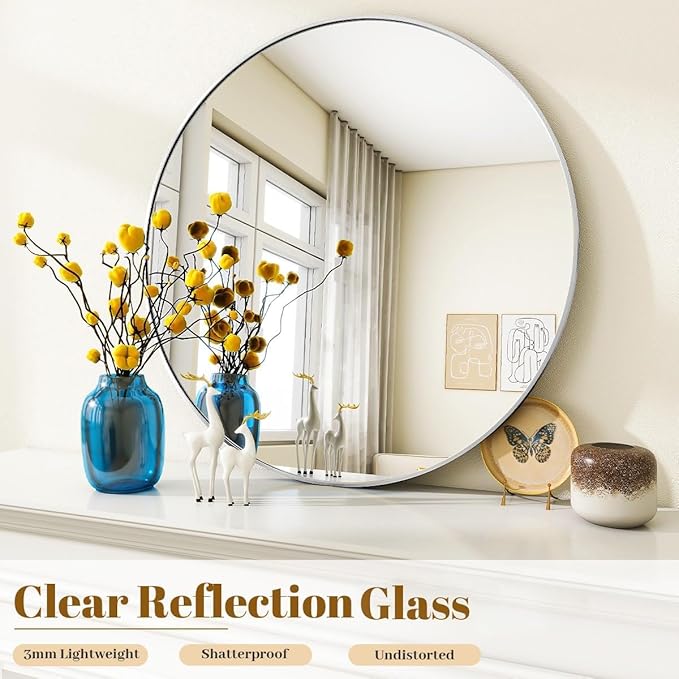 Black Round Bathroom Mirror, 42 inch Large Circle Wall Mounted Hanging Mirror with Simple Modern Circular Metal Frame for Hallway, Entryway, Living Room, Silver Frame