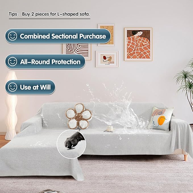 STACYPIK Waterproof Ivory White Sofa Covers Couch Cover for Pets, Anti-Cat Scratch Furniture Protector or 2 Cushion Couch, Washable Jacquard Recliner Loveseat Sofa Slipcover for Pets, Kids-71X71IN