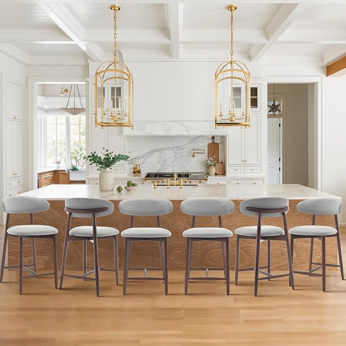 Upholstered Counter Height Bar Stools Set of 6, Kitchen Island Stools with Back, Modern Counter Barstools Bar Chairs with Wood Legs, Light Grey