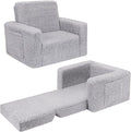 SLIGUY Toddler Couch & Chair - Convertible Sofa to Lounger, Pull Out Couch with Sherpa Cover in Dark Grey