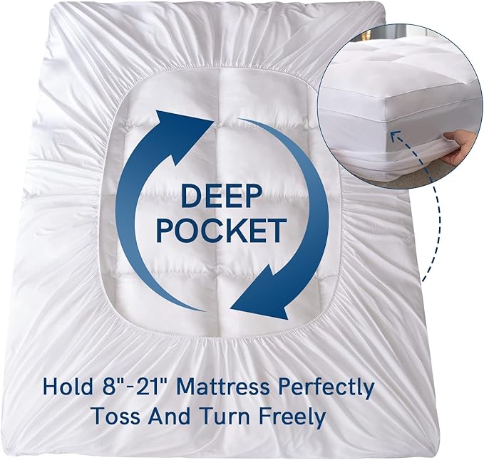 ELEMUSE King Mattress Topper for Back Pain, Extra Thick Mattress Pad Cover, Plush Soft Pillowtop with Elastic Deep Pocket, Overfilled Down Alternative Filling