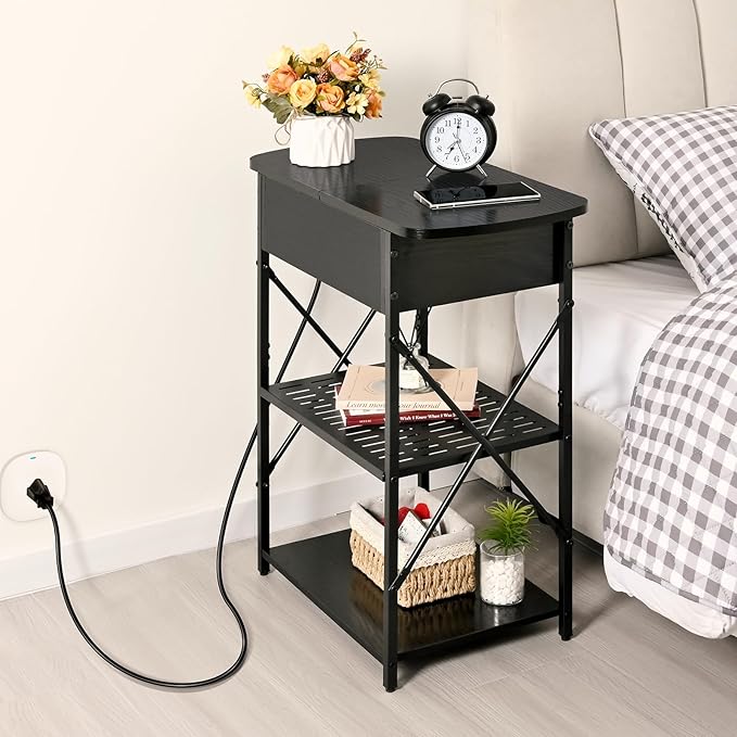 Narrow Side Table with Charging Station, End Tables Set of 2 for Small Spaces, Flip Top End Table with Storage, Black End Tables Living Room, Nightstand Set 2 with Drawer for Bedroom