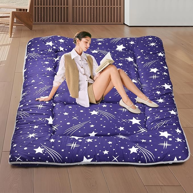 Japanese Floor Mattress,Roll Up Memory Foam Tatami Mat Easy to Store and Portable,Futon Mattress Suitable for Camping and Guest Room (Blue, Queen (80" X 60"))
