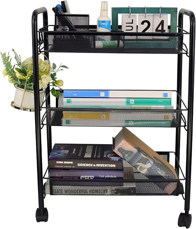 OVICAR Mesh Wire 3 Tier Rolling Cart, Kitchen Storage Utility Cart, Multifunction Basket Stand for Bathroom, Full Metal Storage Art Trolley Carts with Wheels & 4 Side Hooks (Black)