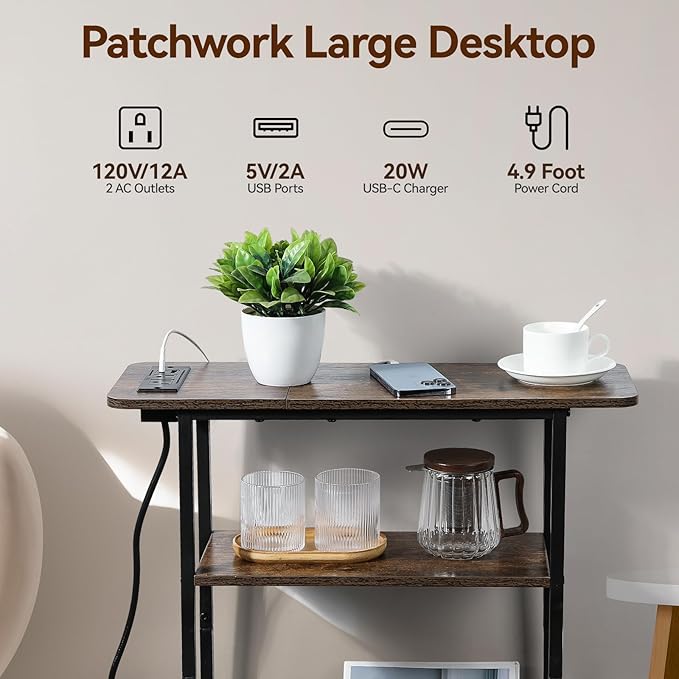 Narrow Side Table with USB-C Charging Station, 3-Tier Slim End Table with Magazine Holder, Modern Side Table for Couch or Small Spaces, Skinny Nightstand for Living Room or Bedroom