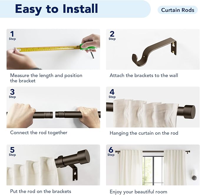 2 Pack Curtain Rods for Windows 48 to 84 Inch(4-7ft), 1 Inch Bronze Adjustable Heavy Duty Long Curtain Rod Set, Modern Style Outdoor Drapery Rods for Patio Bedroom, Size 32"- 90"