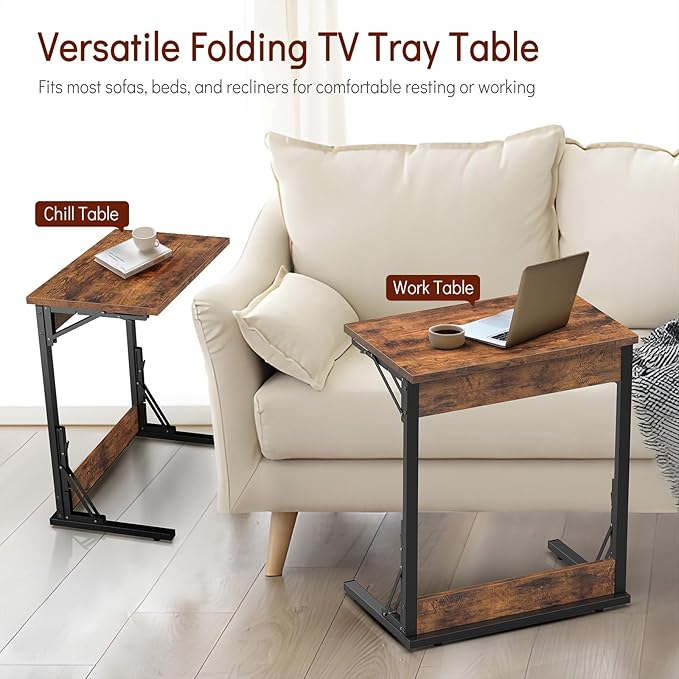 Tatub 24" Folding C Shaped End Table, Small Sofa Side Laptop Desk, Couch TV Tray Table for Living Room, Bedroom, Rustic Brown