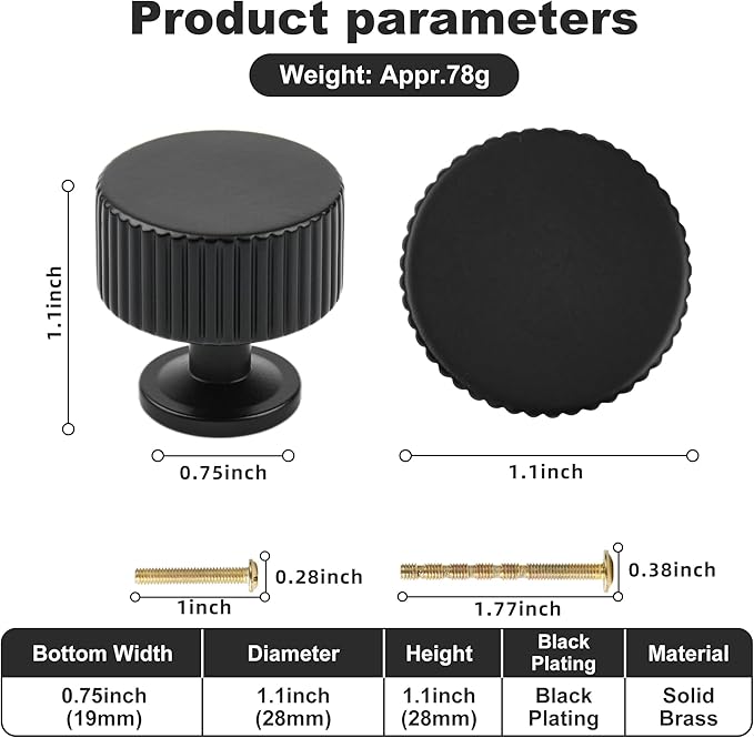Matt Black Kitchen Cabinet Knob, 6 Pack Solid Brass Dresser Drawer Pulls, 1-1/10 Black Cabinet Knob for Cabinet Cupboard Wardrobe, Furniture Hardware Handles
