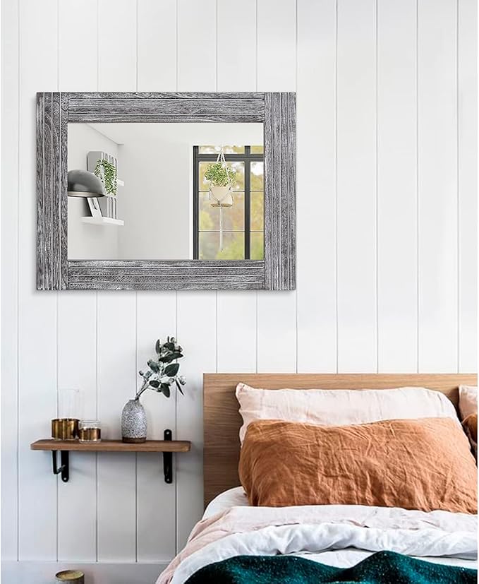 Large Wall Mirror Farmhouse Vintage Rustic Wood Framed Rectangular Mirror Decorative Dressing Table Entrance Bedroom Bathroom Mirror 26"x18"