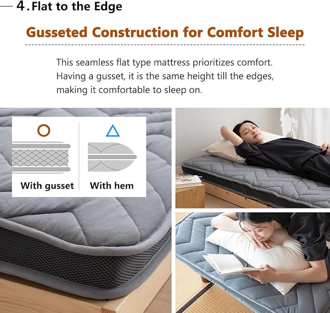 EMOOR Japanese Wool-Blend Padded Futon Mattress GOMA Twin Dark Gray, Gusset Foldable Sotrable Elastic Bands Floor Sleeping Guest Bed Tatami Mat