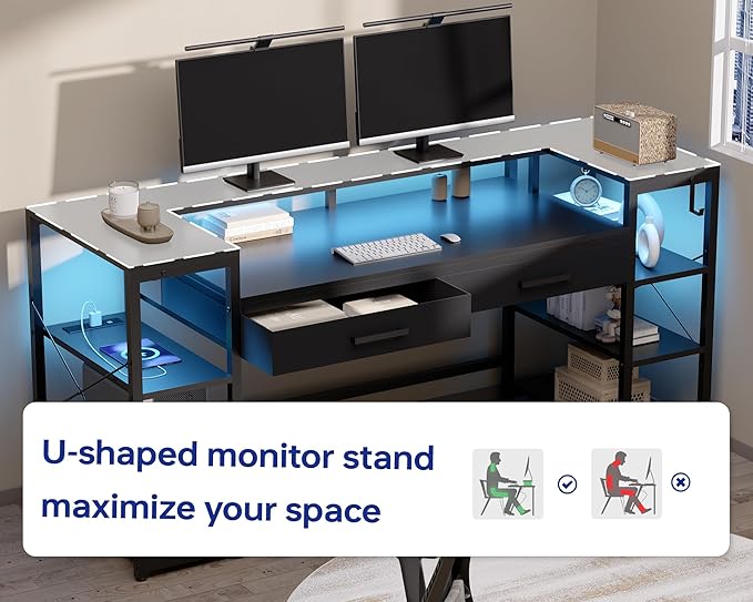 Pamray 58 Inch Computer Desk with Monitor Stand and Shelves Gaming Desk with LED Lights & Power Outlets PC Vanity Table with 2 Drawers for Home Office White