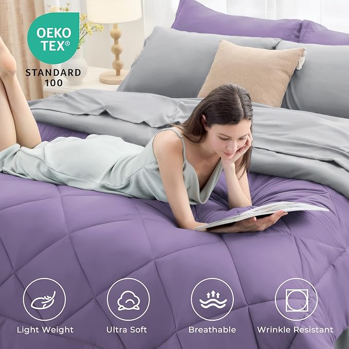 HEVUMYI Full Comforter Set - 7-Piece All Season Bed in a Bag Full, Ultra Soft Bedding Set with Comforter, Flat Sheet, Fitted Sheet, Pillowcases, Pillow Shams, Purple & Light Grey