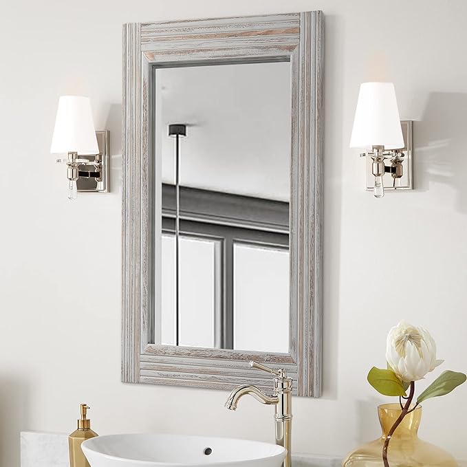 YOSHOOT Hand-Made Wooden Spliced Wall Mirror for Bathroom, Rustic Farmhouse Vanity Mirror, Décor Wall Art, Solid Wood Frame, Vertical or Horizontal Hanging
