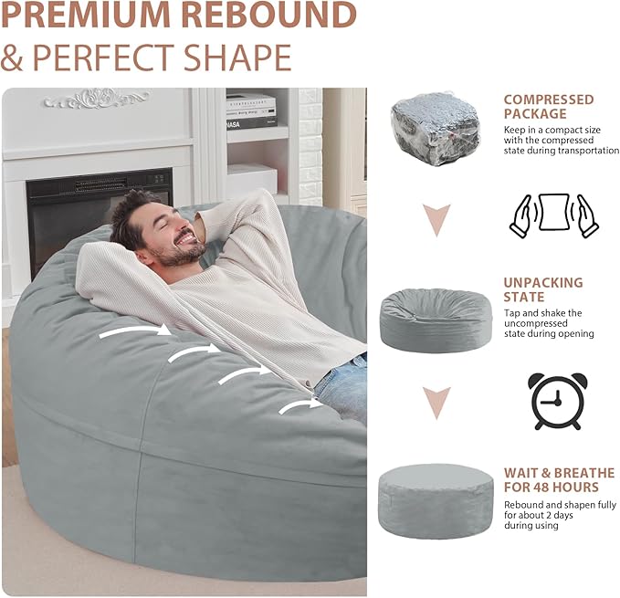 6FT Bean Bag Chair, Large Bean Bag Chairs with Memory Foam Filled, Fluffy Beanbag Sofa with Dutch Velvet Cover, Round BeanBag Chairs for Living Room, Playroom - Light Grey