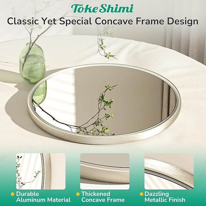 TokeShimi 36 in Round Brushed Nickel Mirror Tempered, Round Mirror Framed Shatterproof, 36x36 Circle Wall Mirror Farmhouse Metal Mirrored for Restroom, Entryway, Bedroom, Vanity, Living Room