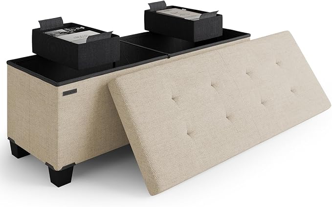 STORAGEBUD Storage Ottoman Bench with Bins, 43-in Storage Bench for Bedroom End of Bed, Folding Foot Rest Ottoman for Living Room Max 660lbs, Fabric Ottomans, Beige