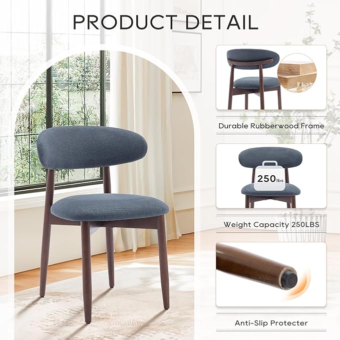 COLAMY Wooden Dining Chairs Set of 4, Modern Fabric Upholstered Kitchen Chairs, Farmhouse Dining Room Chair with Foot Pegs, Blue