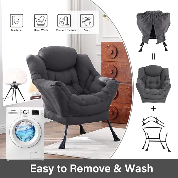 Lazy Chair, Reading Armchair, Large Modern Lounge Accent Chair, Leisure Sofa Chair for Living Room, Bedroom, Dorm Room, Dark Grey
