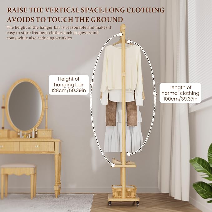 Coat Rack Freestanding Clothing Rack with Wheels & 2 Shelves Storage & 5 Hooks Heavy Duty Clothes Rack Wood Coat Tree Stand Hat Hanger Rack for Corner Bedroom Entryway Living Room Hotel