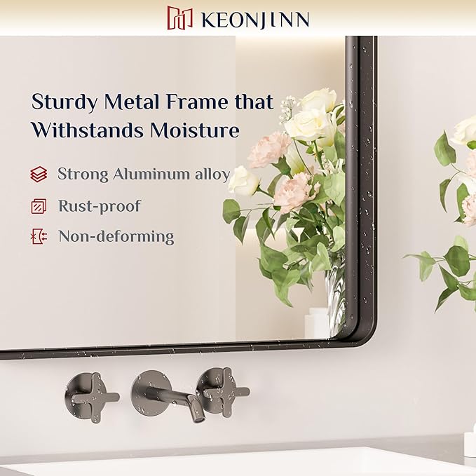 Keonjinn Black Bathroom Mirror for Over Sink, 30 x 30 Inch Rounded Rectangle Bathroom Vanity Mirror for Wall, Matte Black Farmhouse Mirror with Seamless Frame, HD Tempered Glass(Horizontal/Vertical)