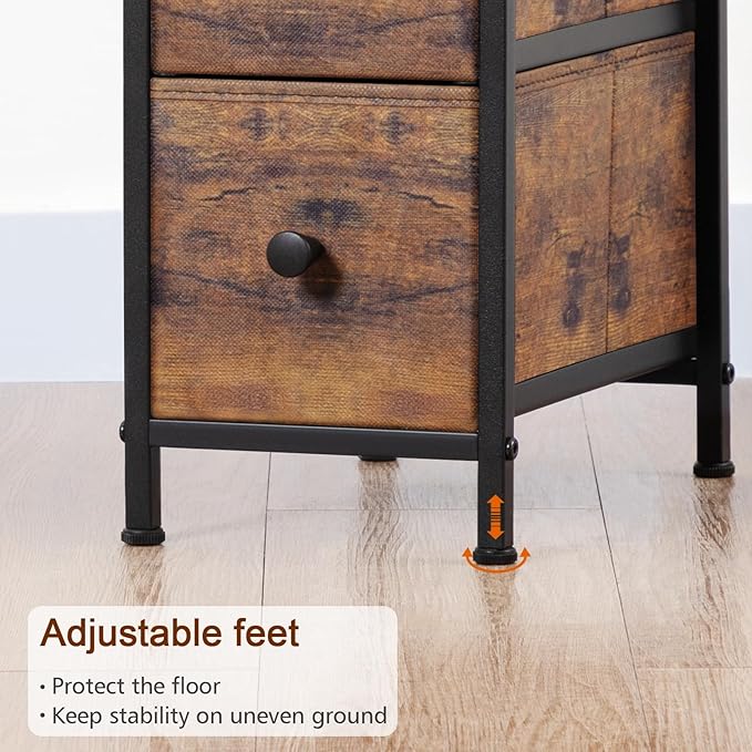 Narrow End Tables Living Room Set of 2 with Charging Station, Skinny Side Table with Fabric Drawers, Slim LED Nightstand for Bedroom, Small Spaces, Couch, Rustic Brown, HETNDP03LPBR