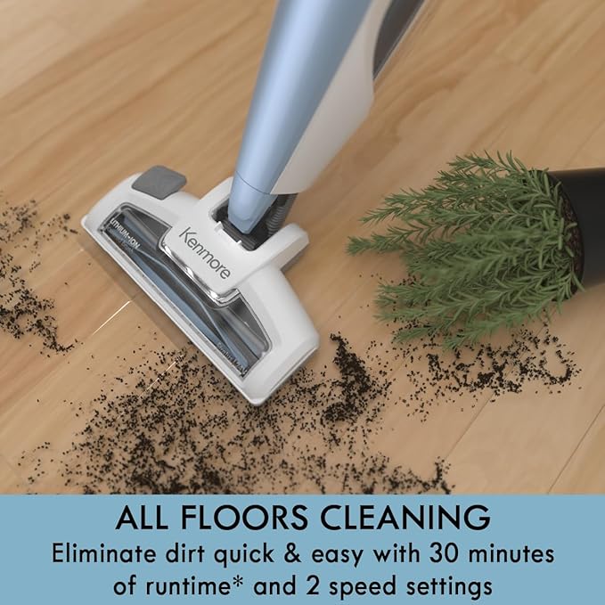 Kenmore DS1020 16V Cordless Stick Vacuum Lightweight 2-in-1 Handheld, LED Headlight with 2-Speed Power Control for Hardwood Floor, Carpet & Pet Hair, 16 Volts, Gray-Blue