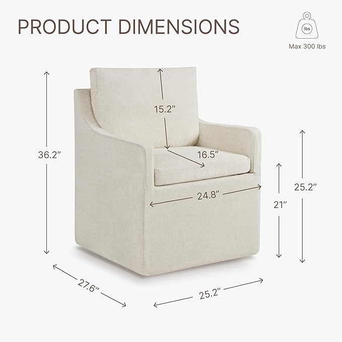 Upholstered Dining Chairs with Casters Washable Cover Side Deskchair with Rollers for Diningroom, Living Room, Cream Beige, 2 Box