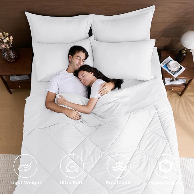 HEVUMYI Twin Comforter Set - 5-Piece All Season Bed in a Bag Twin, Ultra Soft Bedding Set with Comforter, Flat Sheet, Fitted Sheet, Pillowcases, Pillow Shams, White