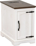 Narrow Side Table with Charging Station,13.8" W End Table with Storage for Sofa Couch or Bed Side with Outlets & USB Ports,Farmhouse Nightstand for Bedroom, Living Room (White & Walnut)