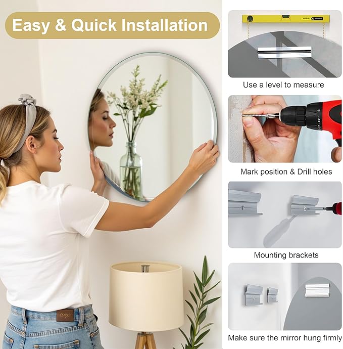 30" Frameless Round Beveled Mirror, 1" Polished Edge Beveled Circle Bathroom Mirror for Wall, Vanity, Entryways