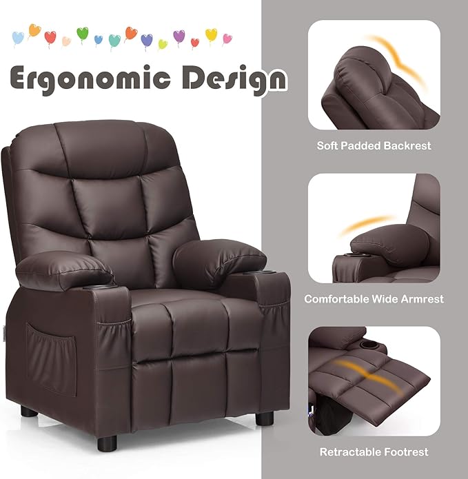 Costzon Kids Recliner Chair with Cup Holder, Adjustable Leather Lounge Chair w/Footrest & Side Pockets for Children Boys Girls Room, Ergonomic Toddler Furniture Sofa, Kids Recliner (Brown)