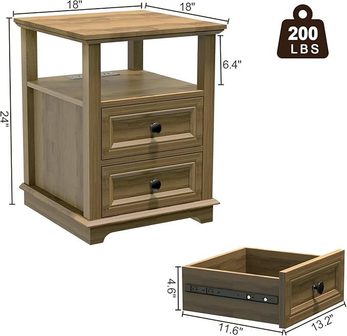 18" Wide End Table with Charging Station Set of 2, Fast Charge End Table Set of 2, Large 18” Bedside Table with Drawers, Storage Cabinet with Open Shelf for Bedroom, Natural