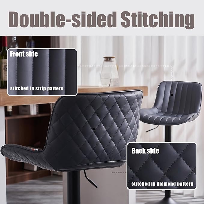 YOUNIKE Black Bar Stools Set of 2 Kitchen Counter Height Barstools with Back Modern Swivel Faux Leather Padded Bar Chair Adjustable Tall Upholstered Breakfast Island Chairs