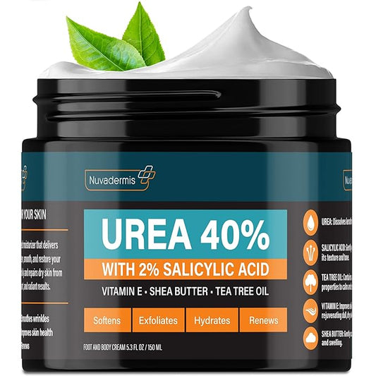 NUVADERMIS 40% Urea Cream - Full Body Moisturizing Cream for Extremely Dry Skin - Maximum Strength Urea Cream with 40 Percent Urea for Feet, Hands, Elbows & Body - Urea + Salicylic Acid – 5.3 fl oz