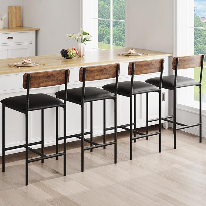 GarveeHome Bar Stools Set of 4, Upholstered Counter Height Bar Stools with Backrest and Footrest, Kitchen Barstools for Island, Counter Bar, Easy Assembly, Rustic Brown