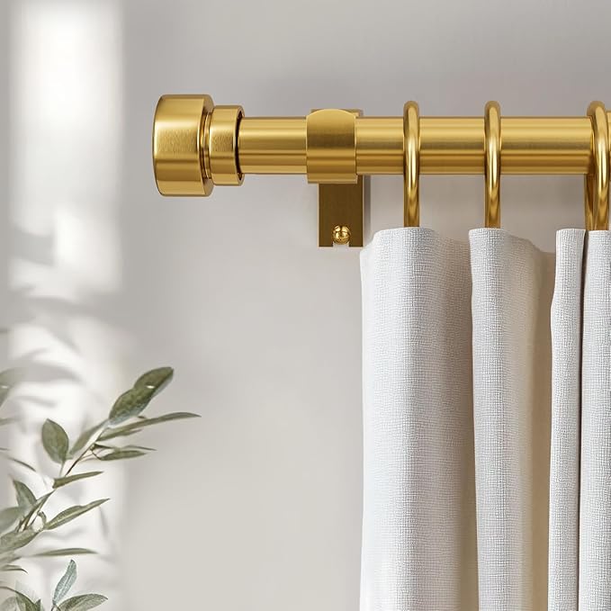 Modern Gold Curtain Rods for Windows 48 to 84 Inches Adjustable Length Heavy Duty 1" Diameter Brass Window Curtain Rod with Solid Metal Finials for Outdoor Farmhouse Bedroom Kitchen Living Room