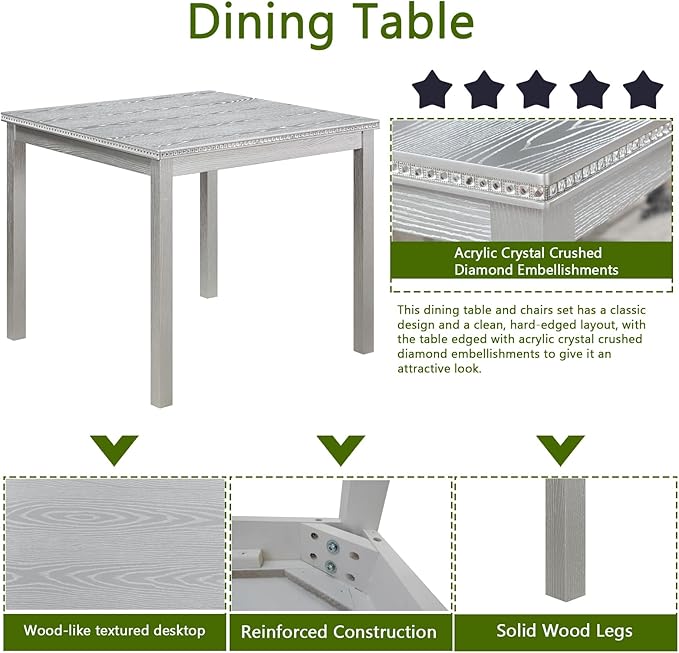 KEIKI 5-Piece Standard Height Dining Table Set with Square Table and 4 Upholstered Chair, for 4 Person, Classic Crystal Decoration Wood Table Set, Easy Assembly, for Kitchen, Dining Room, Silver Grey
