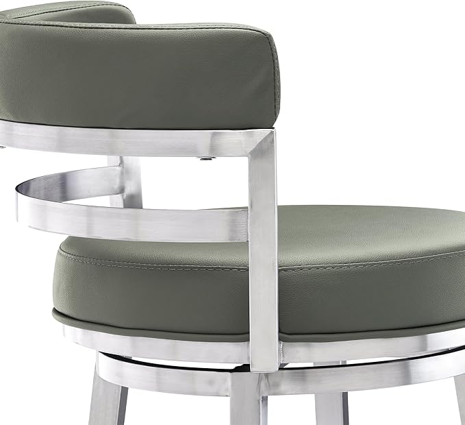 Armen Living Titana 26" Counter Height Swivel Grey Faux Leather and Brushed Stainless Steel Bar Stool
