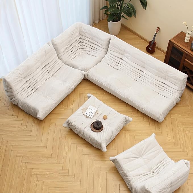 N&V Fireside Chair, Mid Century Armless Floor Sofa, Soft Premium Chenille Floor Lounge Chair, Foam Sofa Accent Chair for Living Room Bedroom and Office (White, Loveseat)