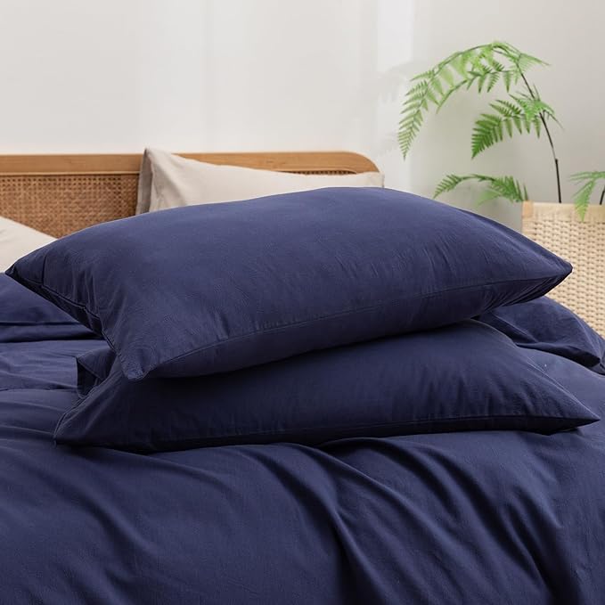 BESTOUCH Duvet Cover Set 100% Washed Cotton Linen Feel Super Soft Comfortable Chic Lightweight 3 PCs Home Bedding Set Solid Navy Blue Cal King