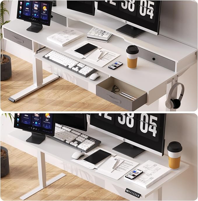 Electric Standing Desk, 55" Standing Desk Adjustable Height, Multifunctional Standing Table with 4 Drawers, Ergonomic Adjustable Standing Desk with Keyboard Tray, Snow White