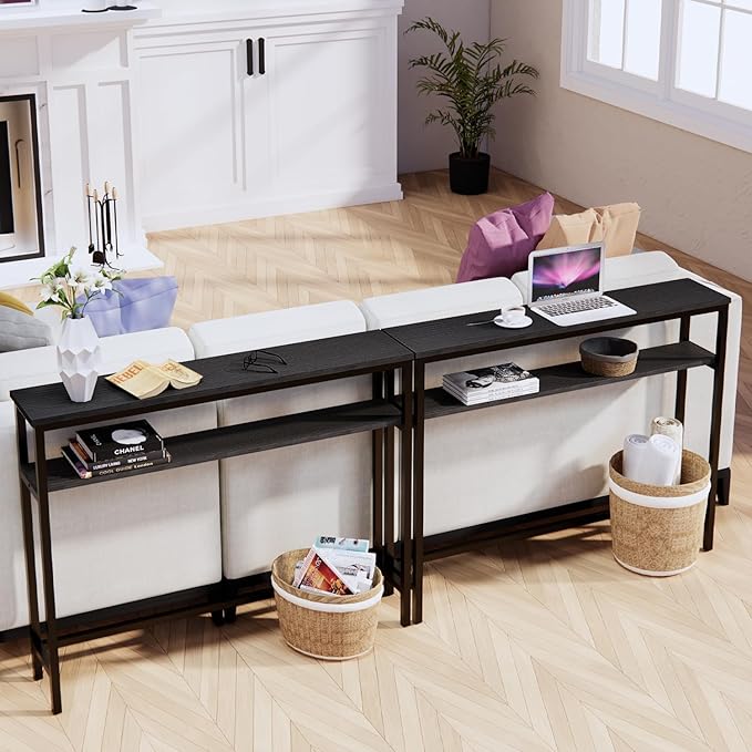 Narrow Console Table, 39.4” Sofa Table with Adjustable Shelf, 2-Tier Long Skinny Table for Hallway, Entryway, Living Room, Foyer, Black