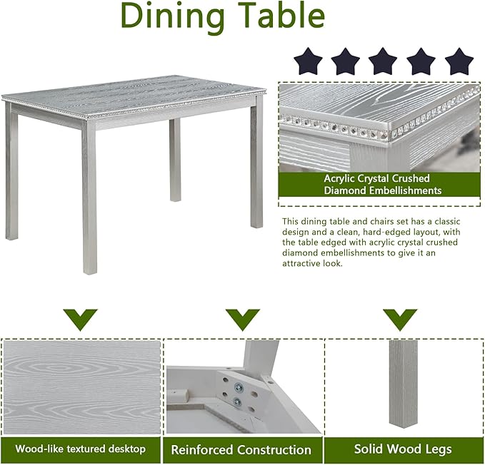KEIKI 5-Piece Standard Height Dining Table Set with Rectangular Table and 4 Upholstered Chair, for 4 Person, Crystal Decoration Wooden Table Set, Easy Assembly, for Kitchen, Dining Room, Silver Grey